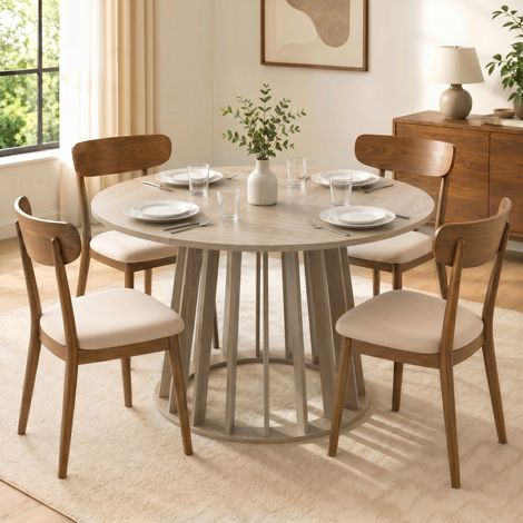 Table à Manger Ronde pour 4 à 6 Personnes, Ø 120 x 75 cm, Table de Cuisine avec Piétement à Lattes Robuste, Bois Naturel