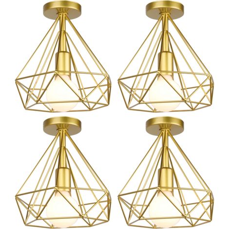4 Stücke Vintage Industrie Deckenleuchte Käfig Deckenlampe Semi Flush Mount Wohnzimmerlampe Gold Ø25cm