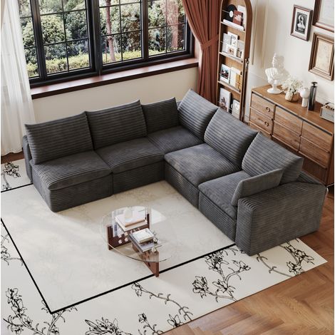 Sofá esquinero modular de pana gris oscuro 260 x 250 cm, sin montaje, con cojines desenfundables (1/5)