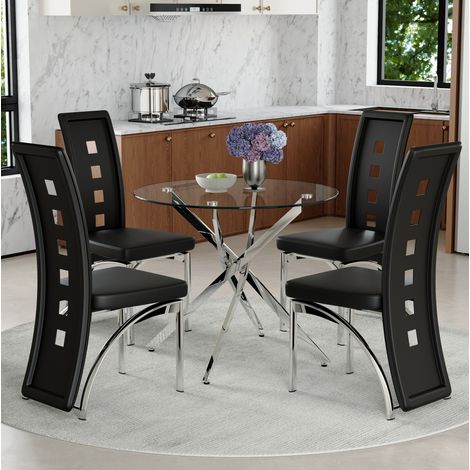 Set tavolo e 4 sedie da pranzo rotondo in vetro temperato 88 cm nero e argento (1/5)