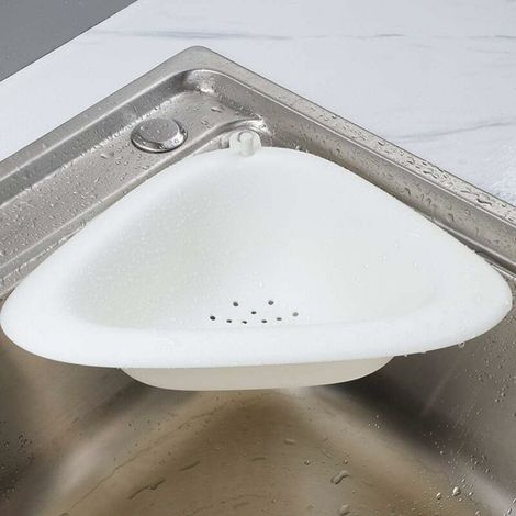 Triangular sink drainer with integrated sponge holder, ideal for kitchen and bathroom (white, one size). (1/5)