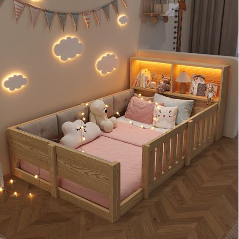 REDOM cama infantil con barandillas 213.5x98x75 cm, cabecero con almacenaje y luz LED, MDF y felpa, natural (1/5)