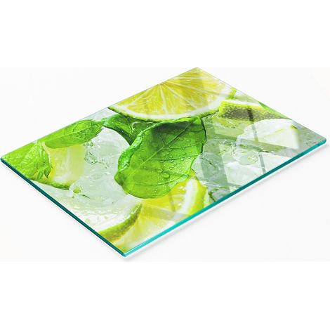 Elegante e resistente tagliere da cucina in vetro con motivo lime e ghiaccio, 80x52 cm. (1/5)