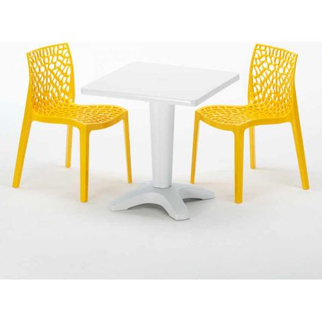Tavolino Quadrato Bianco 70x70 cm con 2 Sedie Colorate Gruvyer Patio - Giallo
