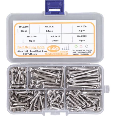 Assortiment de 140 vis autoperceuses à tête ronde M4.2, filetage profond, en acier inoxydable 410 (1/5)