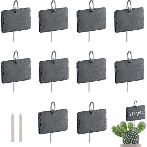 Lot de 10 étiquettes de jardin en ardoise de 8 cm, réutilisables, avec tige en acier inoxydable et 2 craies pour terrasse, extérieur et serre. (1/5)