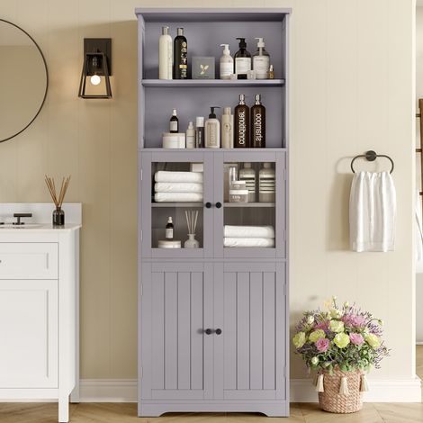 Mobile bagno a colonna moderno in MDF grigio 57,5 x 28,5 x 160 cm, 4 ante, 2 vani aperti, ripiani regolabili (1/5)