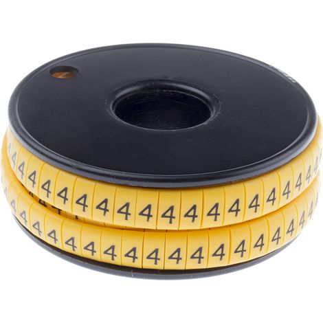 Repère câble , Ø câble 3.5 7mm, texte : 4, Noir sur Jaune ( Prix pour Bobine de 500 )