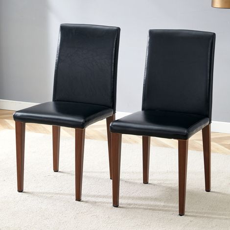 Set di 2 sedie da pranzo, sedie da cucina confortevoli e poltroncine da soggiorno in similpelle con gambe in metallo effetto legno, Nero e noce (1/5)