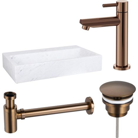 Fortifura Fuente Ensemble de lave-mains - 38x24x8cm - 1 trou de robinet - marbre - robinet de lave-mains cuivre - blanc