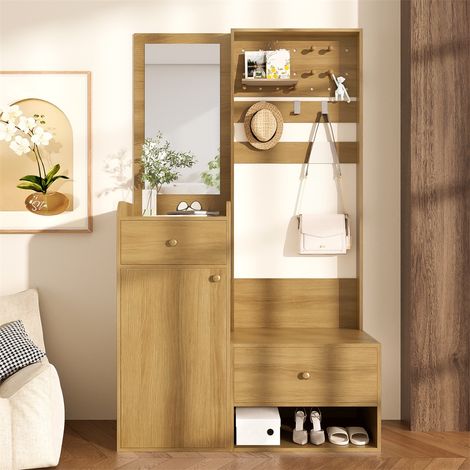 Multifunktionale Garderobe 105 x 38 x 180 cm – Lochblechpaneel mit verstellbaren Haken, Spiegel und Schuhschrank – Eiche (1/5)