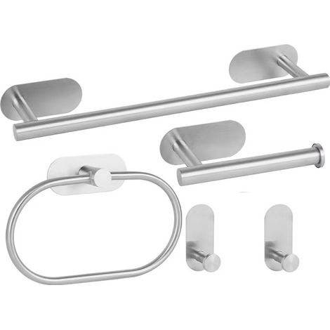 Juego de accesorios de baño con toallero autoadhesivo, portarrollos de papel higiénico, anillas para toallas, dos ganchos para toallas, acero inoxidable, no se adhiere a la pared. (1/5)