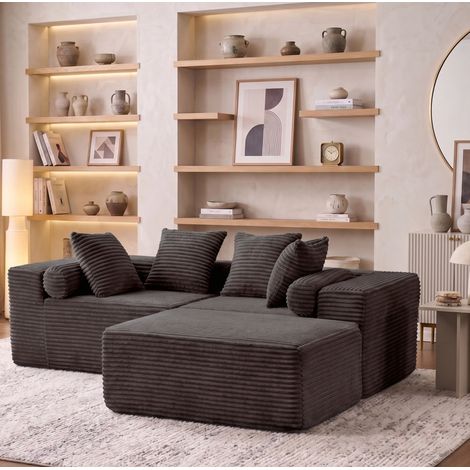 Divano angolare modulare a L in tessuto ciniglia, imbottito, non richiede montaggio, con struttura in schiuma e molle, per soggiorno e camera da letto, colore nero (1/5)