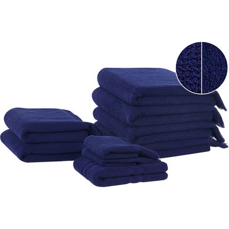 Conjunto de 9 toallas de algodón azul marino rizo textura borlas baño Atiu