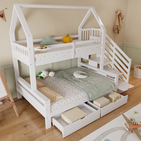 Letto a castello per bambini 90/140x200cm, 3 posti letto, con 2 cassetti, scala portaoggetti, forma di casa, pino + MDF, materasso non incluso, bianco (1/5)
