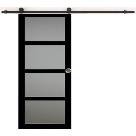 Porta scorrevole Telia nera larghezza 83 + binario in acciaio nero + 2 gusci installati