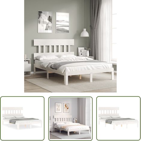 The Living Store Cadre de lit sans matelas blanc 140x190 cm bois de pin massif - Lit Double - Cadre De Lit - Lit En Bois - Lit Blanc - Meubles Chambre (1/5)