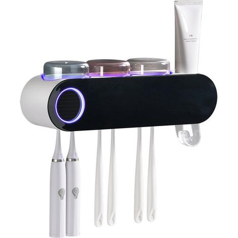 1 stérilisateur UV pour brosses à dents, 3 gobelets, distributeur de dentifrice intégré, support mural multifonctionnel pour salle de bain (1/5)