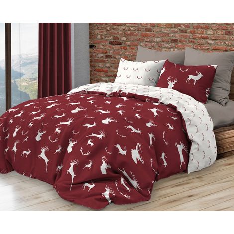 Copripiumino Double Face Cotone con Cervi Bianchi su Sfondo Bordeaux   Matrimoniale 255x200 cm   Stile Rustico Contemporaneo