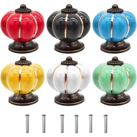 Colorful Ceramic Knob, 6 Pieces, Pumpkin Shape for Kitchen Furniture (6 Colors) (1/4)