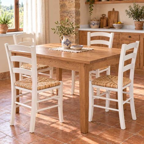Lot de 4 chaises de salle à manger Venezia en bois blanc avec assise en paille (1/5)
