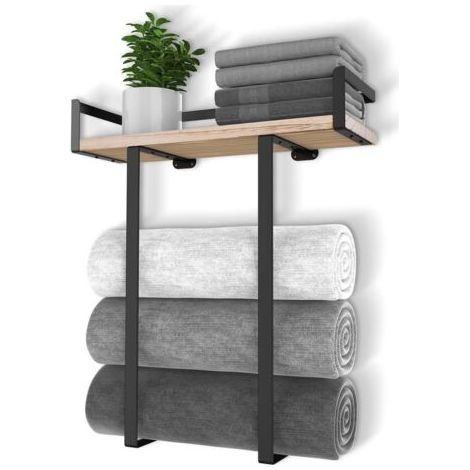 Porte-serviettes mural en métal 1 pièce avec étagère en bois pour décoration de rangement de petite salle de bain ou rangement de serviettes de camping en camping-car