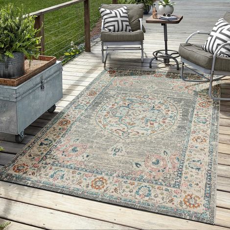 Tapis d'extérieur robuste, design moderne, résistant aux intempéries et aux UV, pour balcon, terrasse et jardin d'hiver, mais aussi pour la cuisine ou la salle à manger, gris, 120 cm, rond (1/5)