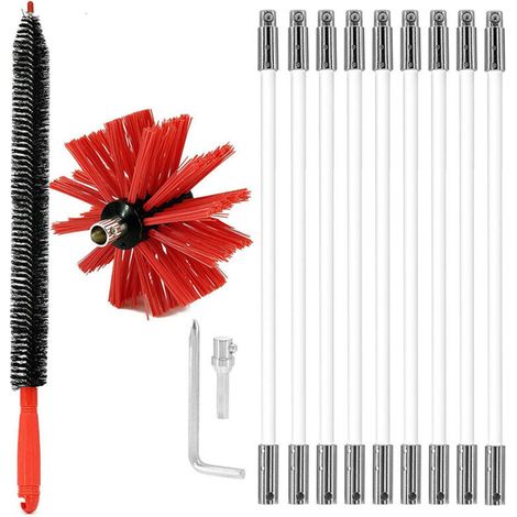 Kit de Brosse Flexible pour Ramonage de Cheminée avec Tiges et Brosse Rouge Nettoyage des Conduits et Évents de Sécheuse Compatible Perceuse Électrique (1/4)