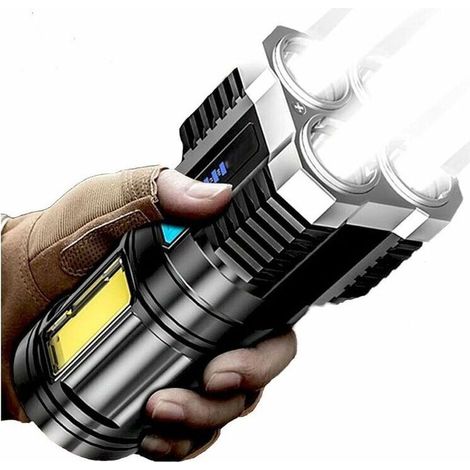 Lampe de poche 4/5 cœurs super lumineuse rechargeable d'extérieur multifonction P1000 super lumineuse LED rechargeable 100 000 lumens XHP70.2 lampe de poche tactique étanche IPX5 (4 noyaux) [Classe én (1/5)