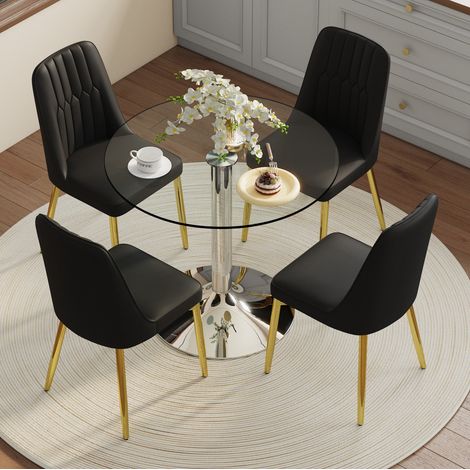 Set tavolo da pranzo rotondo 85x85x76 cm, piano in vetro trasparente, base in metallo argento, 4 sedie in PU nero, gambe oro (1/5)