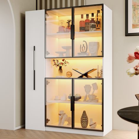 Vitrine blanche lumineuse 110x35x160 cm, meuble d'exposition vertical avec LED intégré, étagères réglables, tiroirs pratiques, rangement modulable pour séjour, cuisine ou bureau. (1/5)