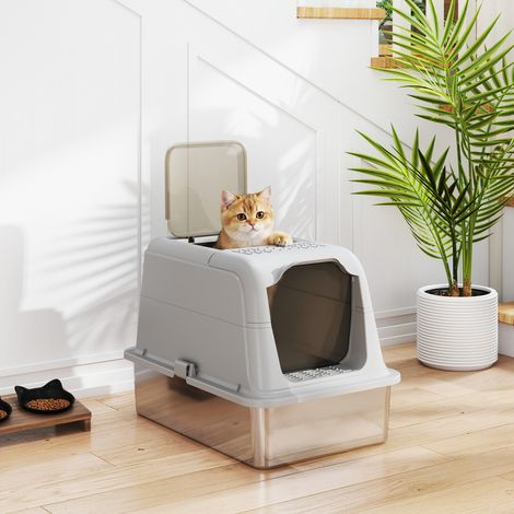 Maison toilette chat bac litière fermé bac inox, nettoyage facile 60.4x40.4x41.8 cm gris clair, durable (1/5)