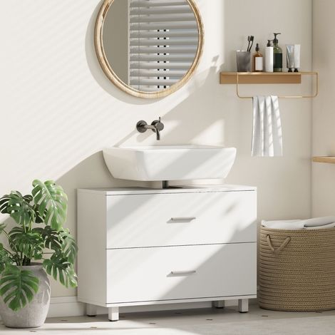 Meuble sous lavabo moderne blanc en bois avec 2 tiroirs, à poser, pour lavabo sans colonne 80 x 30 x 60 cm (1/3)