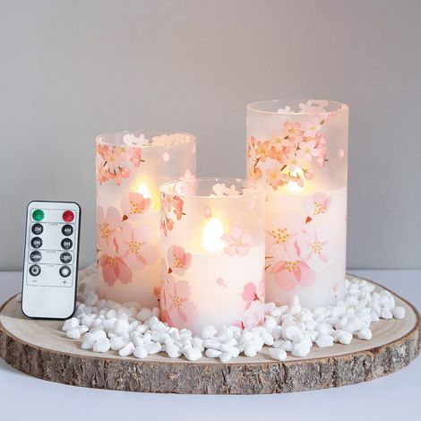 Bougies LED flamme vacillante en verre avec télécommande et minuterie, Fleurs de cerisier, cire véritable, fonctionnant sur piles, lot de 3 bougies piliers électriques(7.5x10 12,5 15cm) (1/5)