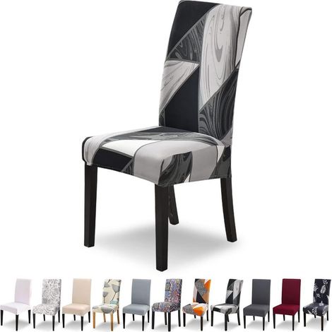 Lot de 6 housses de chaise universelles lavables au design moderne, idéales pour les salles à manger, les restaurants ou la décoration d'hôtels, motif géométrique noir. (1/4)