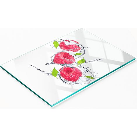 Tabla de cocina de vidrio templado con motivos decorativos de frambuesas y agua, 80x52 cm. (1/5)