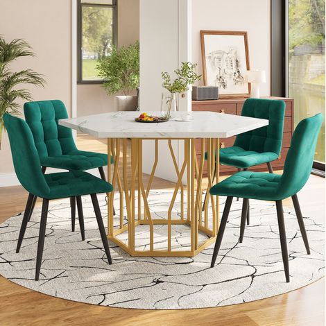CHICFURN Conjunto de mesa y 4 sillas 115,5 x 100 cm efecto mármol blanco verde y dorado (1/5)