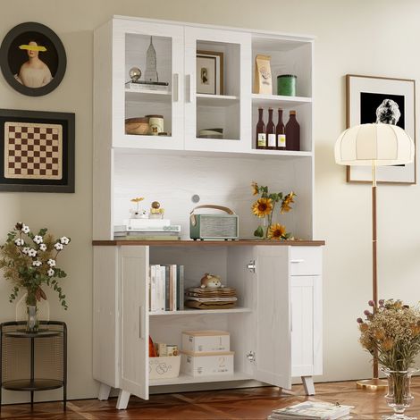Buffet 114x40x190 con 5 porte e scaffali di stoccaggio aperti, 1 cassetto, truciolato, bianco.