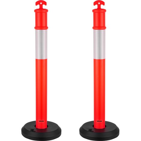 Poteau de Signalisation 2PCs 114 cm, Balise de Délimitation avec Base Remplissable et Bandes Réfléchissantes, Délinéateur de Circulation pour Contrôle des Foules, Chantier Parking, Rouge (1/5)