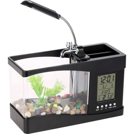 Lámpara de escritorio LCD LED con reloj y acuario de 1,5 litros (Negra, 24 x 20 x 9,7 cm) (1/5)