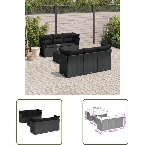 The Living Store 7-tlg. Garten-Sofagarnitur mit Kissen Schwarz Poly Rattan - Gartenmöbel Set - PE-Rattan Möbel - Outdoor Sofa - Esstisch Set - Balkonmöbel (1/3)