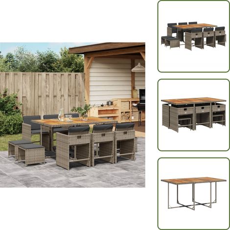 The Living Store 11-tlg. Garten-Essgruppe mit Kissen Grau Poly Rattan - Gartenmöbel Set - Gartentisch - Gartenstühle - Gartenhocker - Rattan Möbel