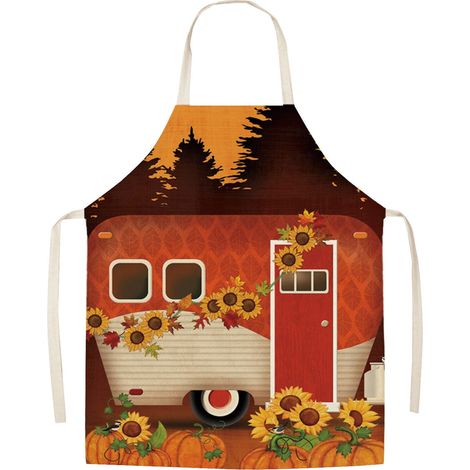 Tablier - Lin - Pour Cuisine Et Travaux Ménagers - Motif Tournesol Citrouille - 65 X 75 Cm - 1 Pièce (1/4)