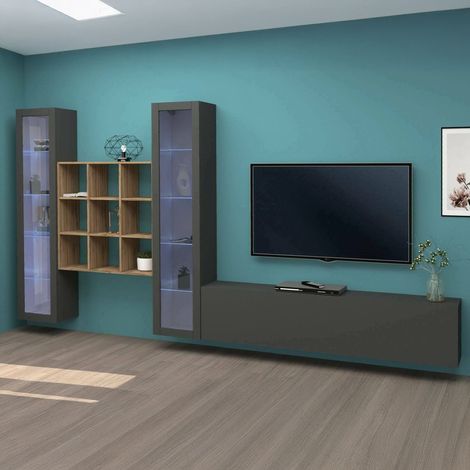 Dmora - Parete attrezzata Atella, Set salotto porta TV a 3 ante, Mobile soggiorno multiuso con vetrina e luce LED, 100% Made in Italy, cm 350x30h180, Antracite e Acero (1/5)