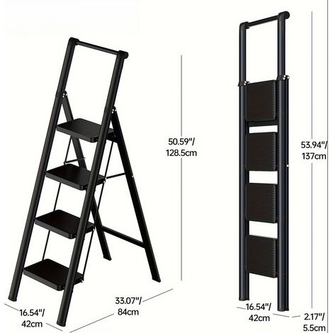 Escabeau pliable 4 marches antidérapant, tabouret marchepied en acier léger pour adultes, avec plateau ergonomique large et pieds stabilisateurs, portable et pratique