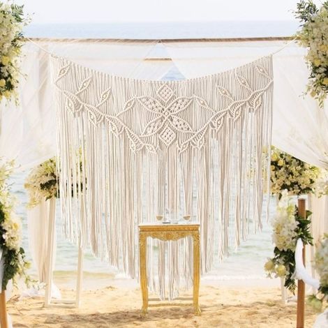 Tenture murale en macramé 100 x 96 cm – Cordon de coton pur – Décoration murale à perles pour mariage – Design boho fait main (1/5)