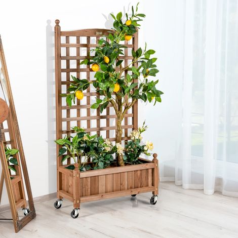 Jardinière avec Treillis en Bois de Sapin Bac à Fleurs avec Roues Verrouillables et Trou de Drainage 64x28x127cm (1/2)