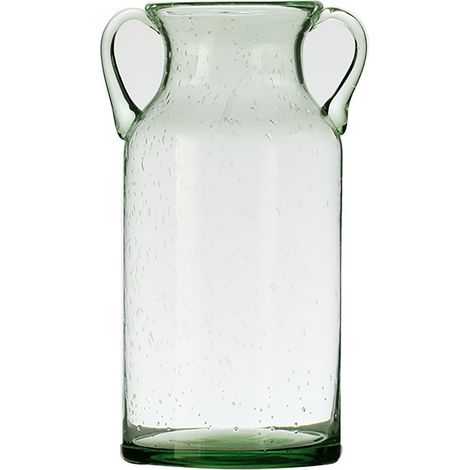 Jarrón de doble oreja, de cristal verde con inclusiones de aire, ideal como decoración de mesa o accesorio para el hogar. (1/5)