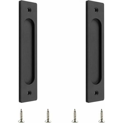 Set aus 2 rechteckigen, eingelassenen Schiebetürgriffen aus mattschwarzem Edelstahl für Schiebetüren im Scheunenstil (1/4)