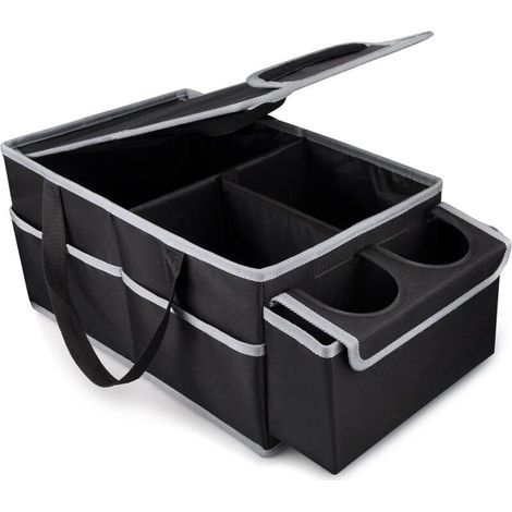 Organizzatore per auto per sedili anteriori e posteriori, contenitore pieghevole con portabicchieri, organizer multi-scomparto per giocattoli, snack e libri (nero) (1/5)